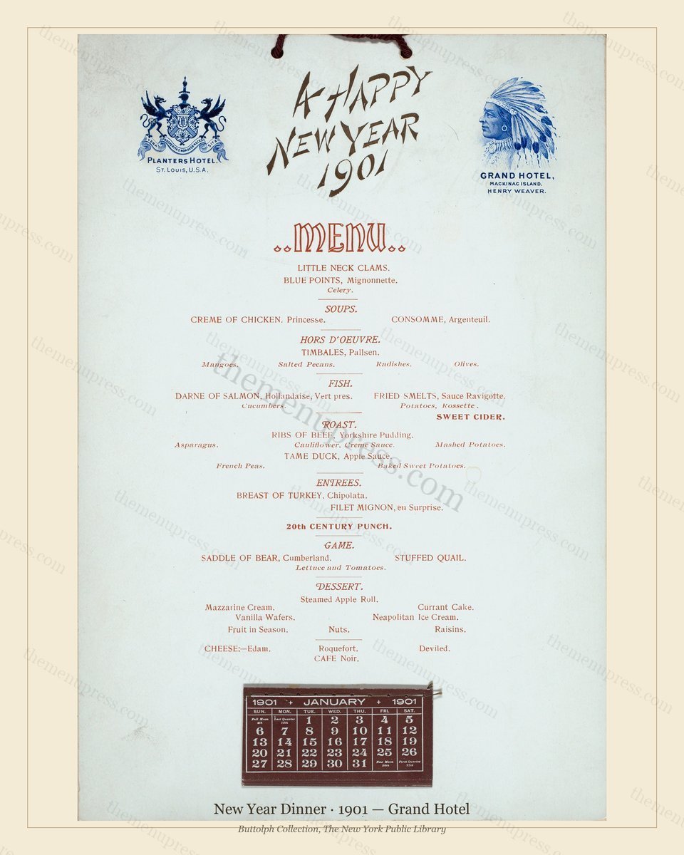 Vintage menu preview — 1901 Vintage New Year's Day Dinner Menu — Grand Hotel, Festive Holiday Card (Com