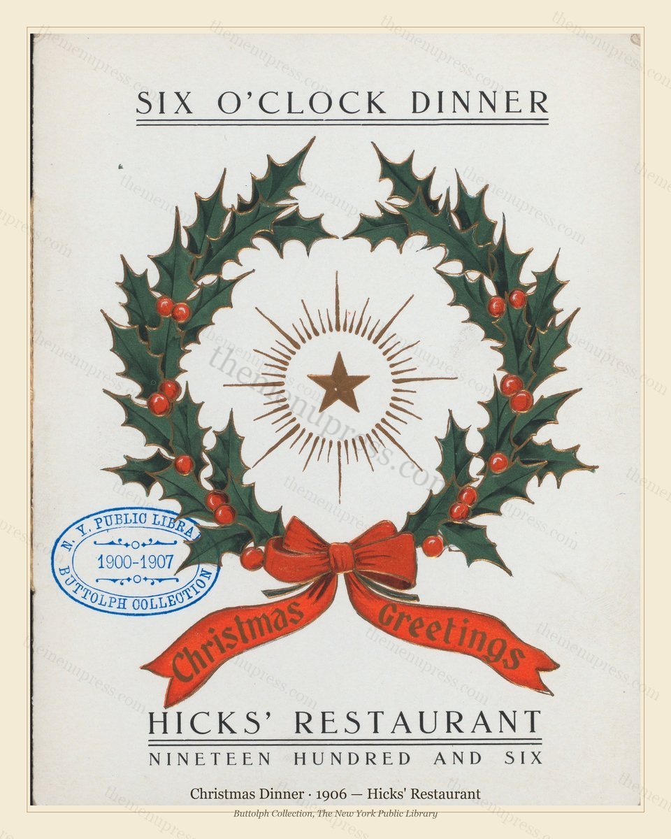 Vintage menu preview — 1906 Vintage Christmas Dinner Menu — Hicks' Restaurant, Festive Holiday Card (Co