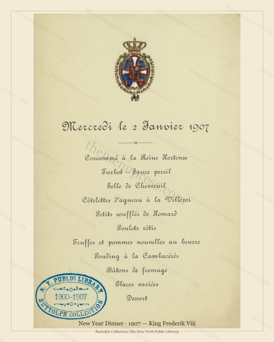 Vintage menu preview — 1907 Vintage New Year's Day Dinner Menu — King Frederik Viii, Festive Holiday Ca