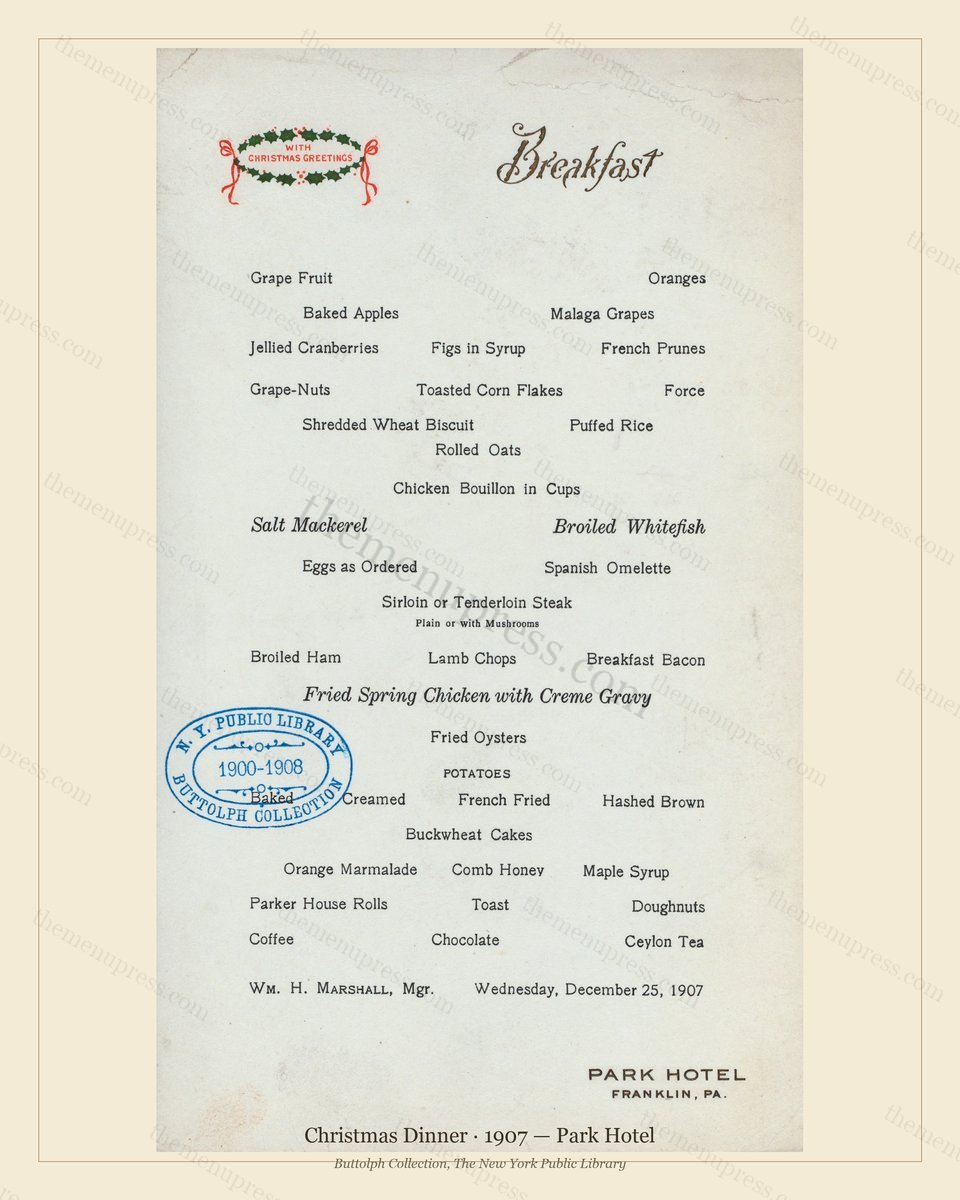 Vintage menu preview — 1907 Vintage Christmas Dinner Menu — Park Hotel, Festive Holiday Card (Complete