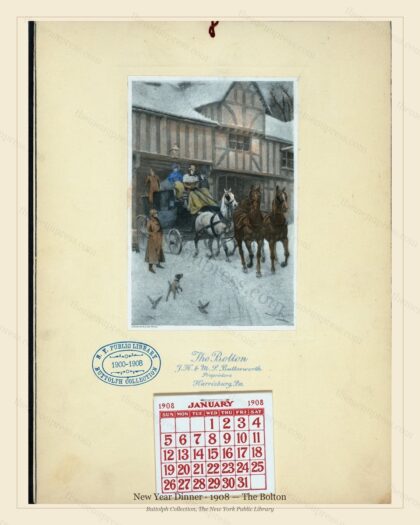 Vintage menu preview — 1908 Vintage New Year's Day Dinner Menu — The Bolton, Festive Holiday Card (Comp