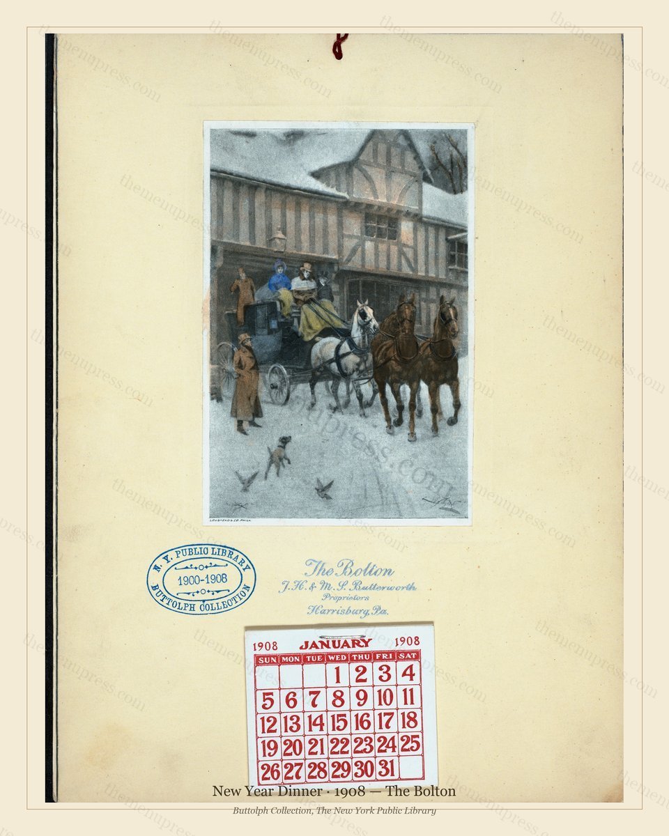 Vintage menu preview — 1908 Vintage New Year's Day Dinner Menu — The Bolton, Festive Holiday Card (Comp