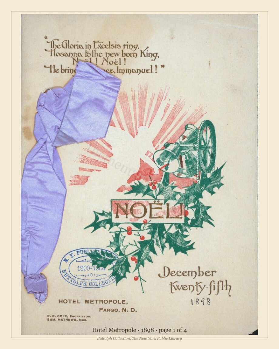1898 Hotel Metropole Christmas dinner menu — page 1 Cover (winter coaching scene illustration)
