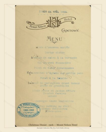 Vintage menu preview — 1906 Vintage Christmas Dinner Menu — Mount Nelson Hotel, Festive Holiday Card (C