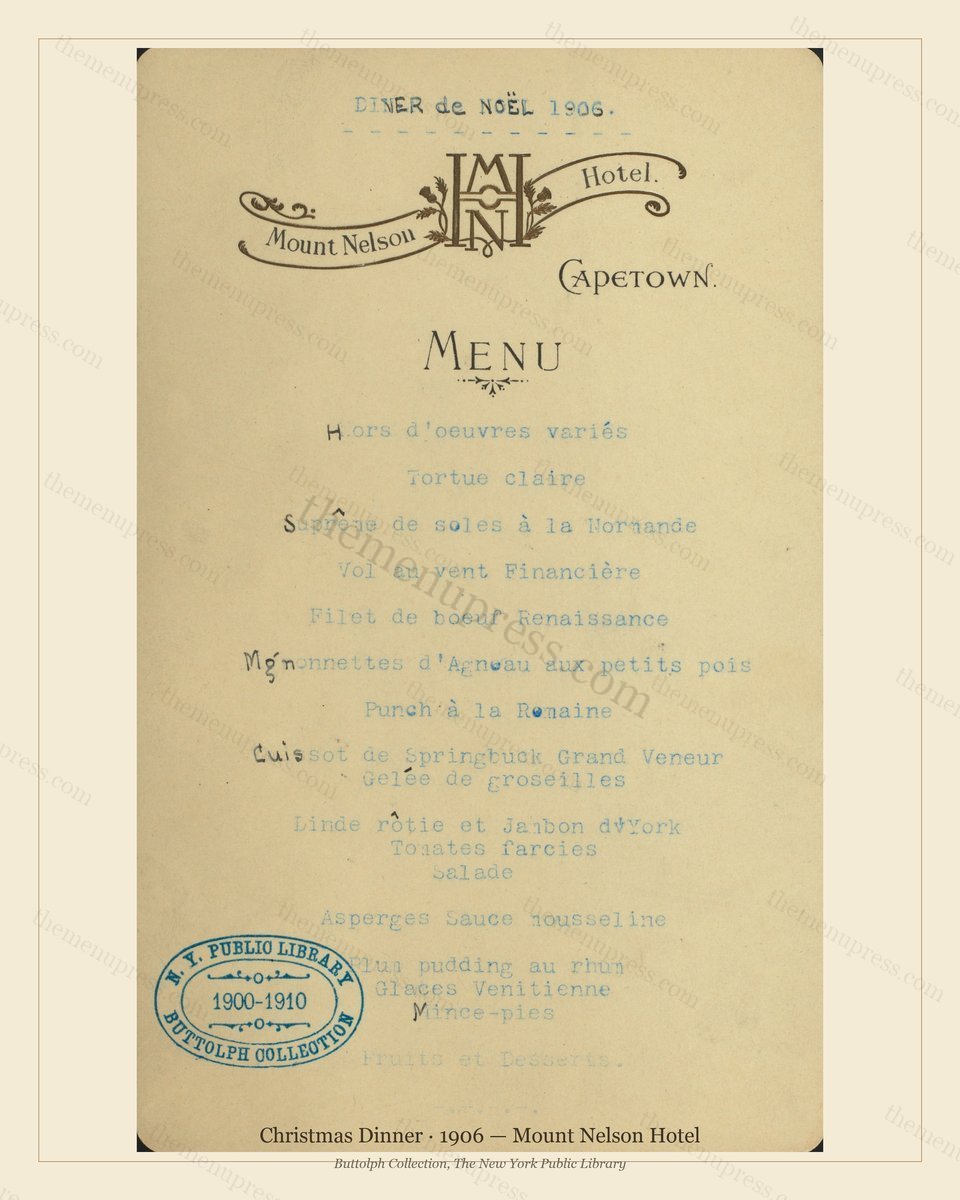 Vintage menu preview — 1906 Vintage Christmas Dinner Menu — Mount Nelson Hotel, Festive Holiday Card (C