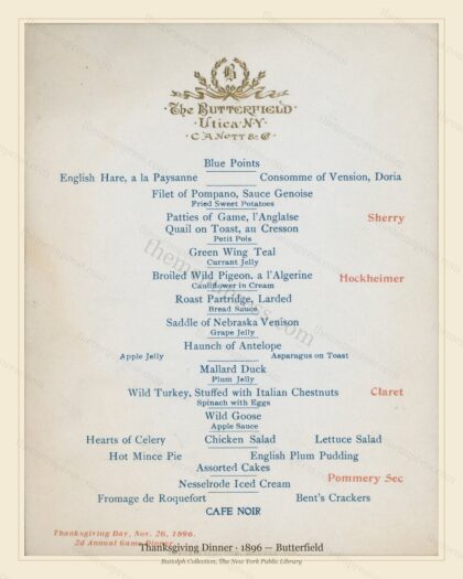 Vintage menu preview — 1896 Vintage Thanksgiving Dinner Menu — Butterfield, Festive Holiday Card (Compl