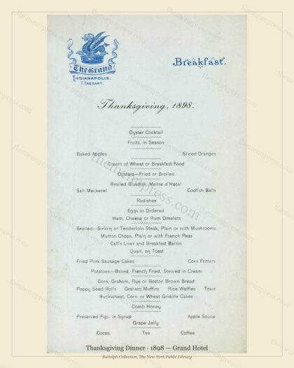 Vintage menu preview — 1898 Vintage Thanksgiving Dinner Menu — Grand Hotel, Festive Holiday Card (Compl
