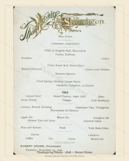 Vintage menu preview — 1898 Vintage Thanksgiving Dinner Menu — Burnet House, Festive Holiday Card (Comp