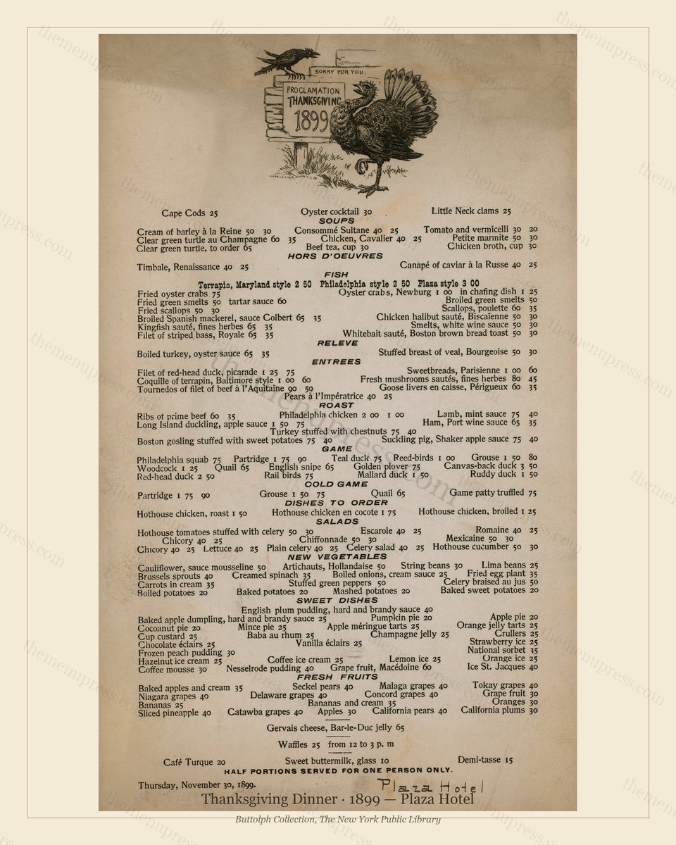 Vintage menu preview — 1899 Vintage Thanksgiving Dinner Menu — Plaza Hotel, Festive Holiday Card (Compl