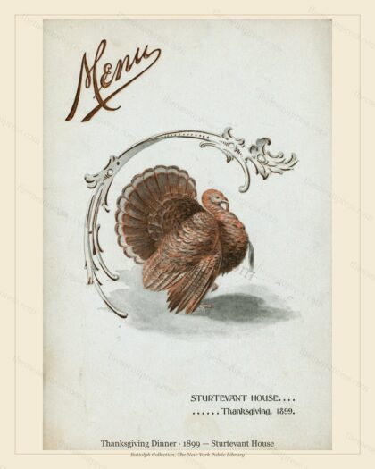 Vintage menu preview — 1899 Vintage Thanksgiving Dinner Menu — Sturtevant House, Festive Holiday Card (