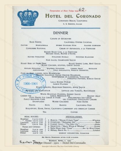 Vintage menu preview — 1901 Vintage Easter Dinner Menu — Hotel Del Coronado, Festive Holiday Card (Comp