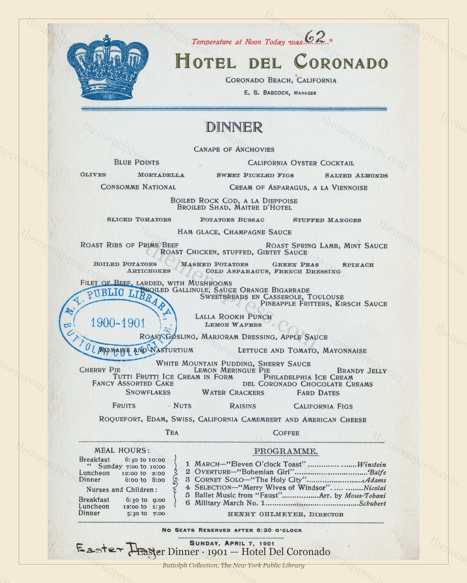 Vintage menu preview — 1901 Vintage Easter Dinner Menu — Hotel Del Coronado, Festive Holiday Card (Comp