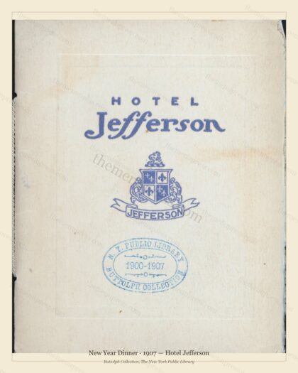 Vintage menu preview — 1907 Vintage New Year's Day Dinner Menu — Hotel Jefferson, Festive Holiday Card