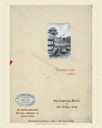 Vintage menu preview — 1907 Vintage Thanksgiving Dinner Menu — The Clover Club, Festive Holiday Card (C