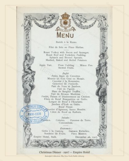 Vintage menu preview — 1907 Vintage Christmas Dinner Menu — Empire Hotel, Festive Holiday Card