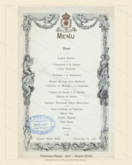 Vintage menu preview — 1907 Vintage Christmas Dinner Menu — Empire Hotel, Festive Holiday Card (Complet