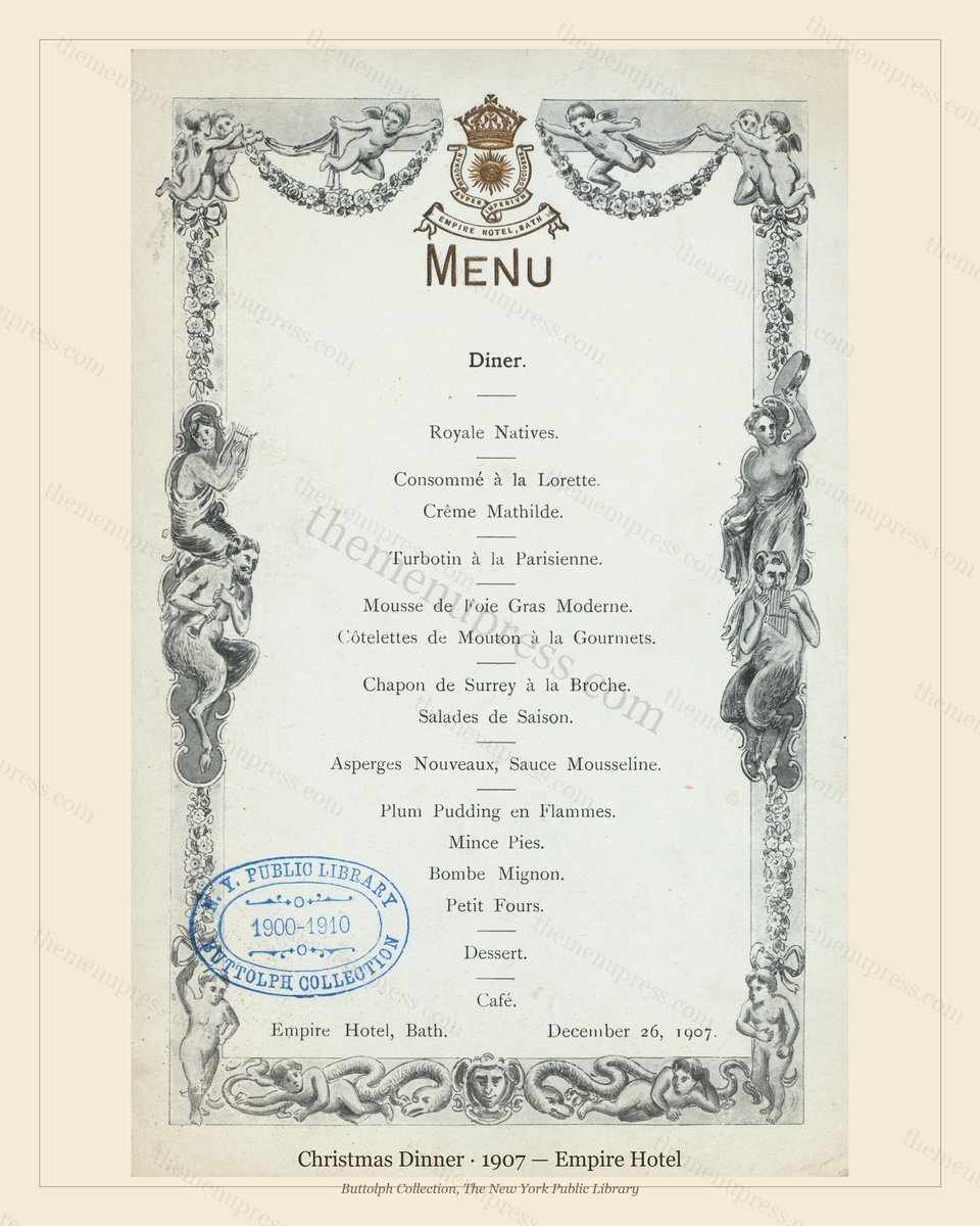 Vintage menu preview — 1907 Vintage Christmas Dinner Menu — Empire Hotel, Festive Holiday Card (Complet