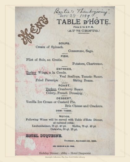 Vintage menu preview — 1889 Vintage Holiday Dinner Menu — Hotel Duquesne, Festive Holiday Card (Complet