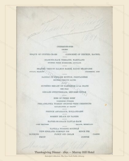 Vintage menu preview — 1891 Vintage Thanksgiving Dinner Menu — Murray Hill Hotel, Festive Holiday Card