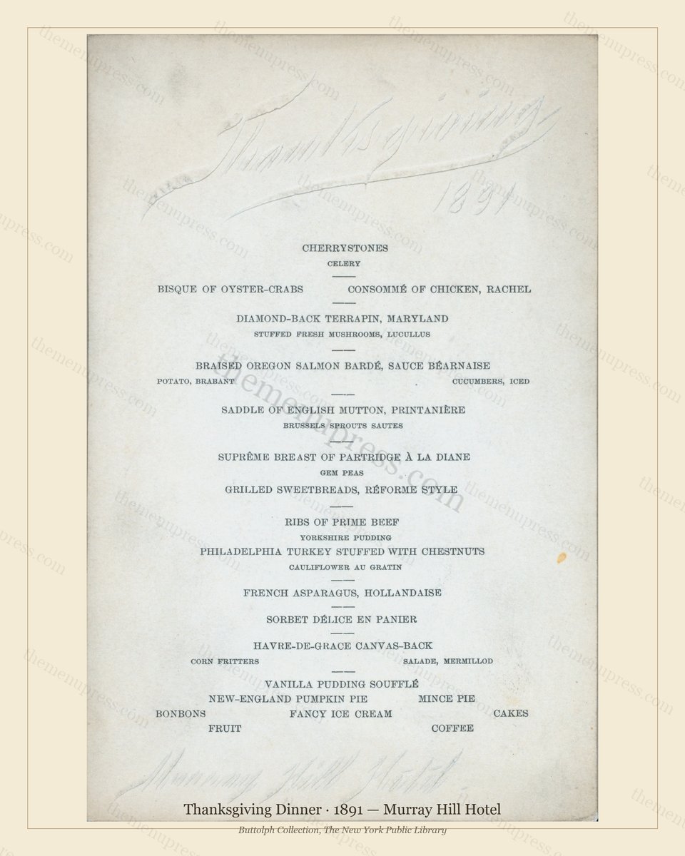 Vintage menu preview — 1891 Vintage Thanksgiving Dinner Menu — Murray Hill Hotel, Festive Holiday Card