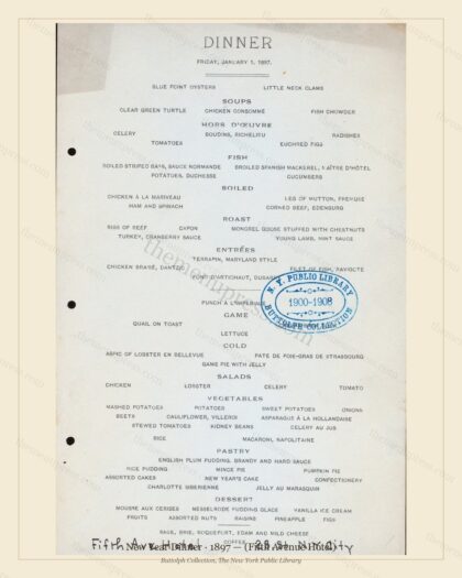 Vintage menu preview — 1897 Vintage New Year's Day Dinner Menu — (Fifth Avenue Hotel), Festive Holiday