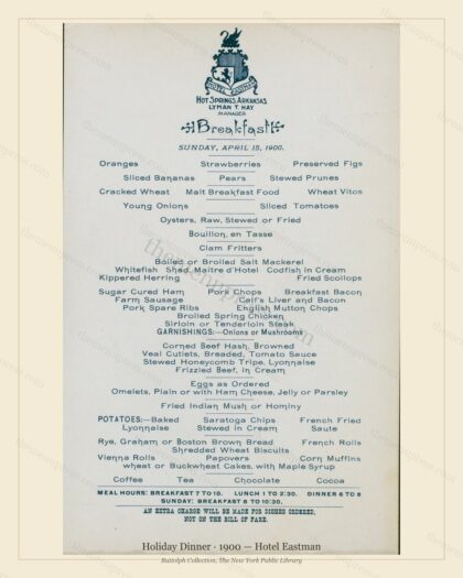 Vintage menu preview — 1900 Vintage Holiday Dinner Menu — Hotel Eastman, Festive Holiday Card (Complete