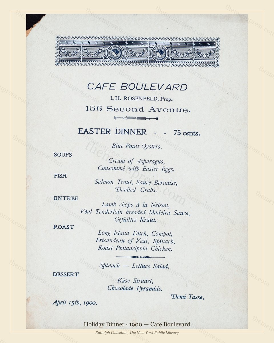 Vintage menu preview — 1900 Vintage Holiday Dinner Menu — Cafe Boulevard, Festive Holiday Card