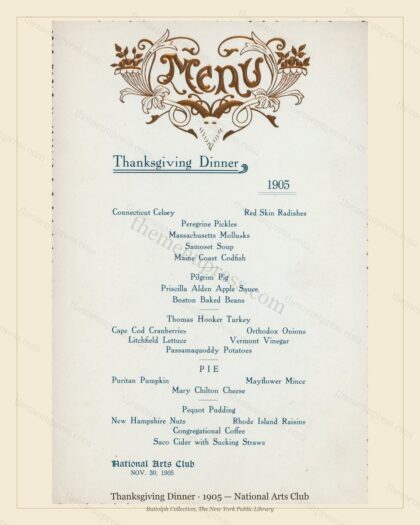 Vintage menu preview — 1905 Vintage Thanksgiving Dinner Menu — National Arts Club, Festive Holiday Card