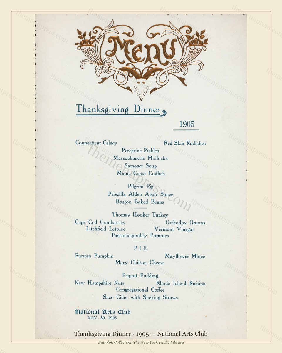 Vintage menu preview — 1905 Vintage Thanksgiving Dinner Menu — National Arts Club, Festive Holiday Card