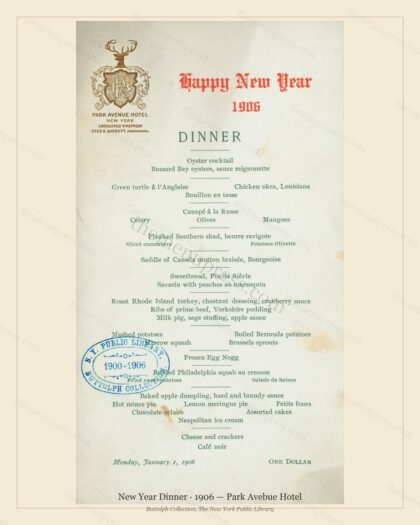Vintage menu preview — 1906 Vintage New Year's Day Dinner Menu — Park Avebue Hotel, Festive Holiday Car