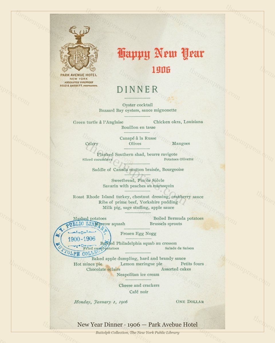 Vintage menu preview — 1906 Vintage New Year's Day Dinner Menu — Park Avebue Hotel, Festive Holiday Car