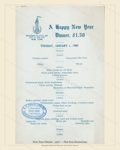 Vintage menu preview — 1907 Vintage New Year's Day Dinner Menu — Flat Iron Restaurant, Festive Holiday