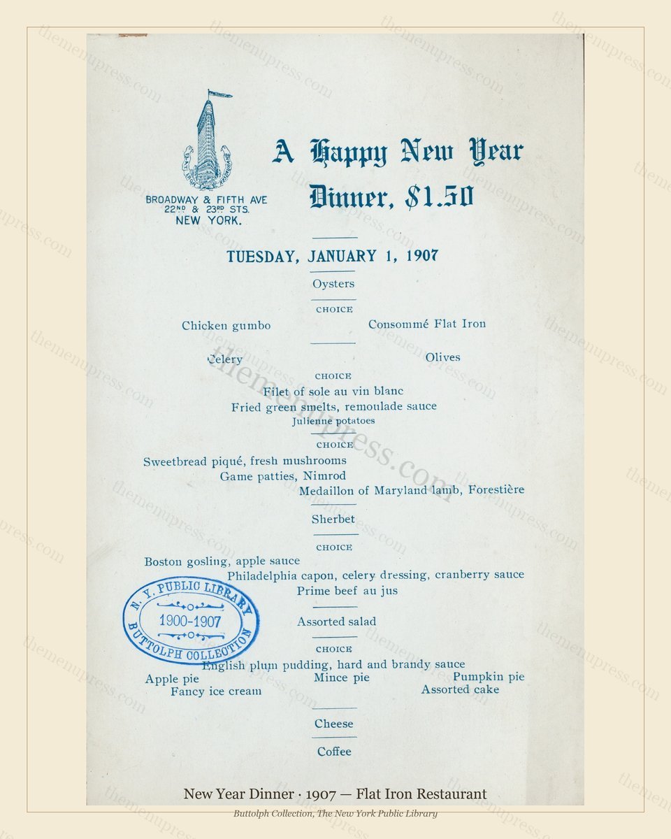 Vintage menu preview — 1907 Vintage New Year's Day Dinner Menu — Flat Iron Restaurant, Festive Holiday