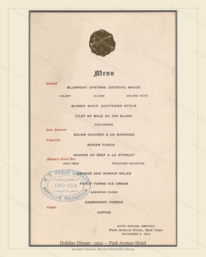 Vintage menu preview — 1912 Vintage Holiday Dinner Menu — Park Avenue Hotel, Festive Holiday Card