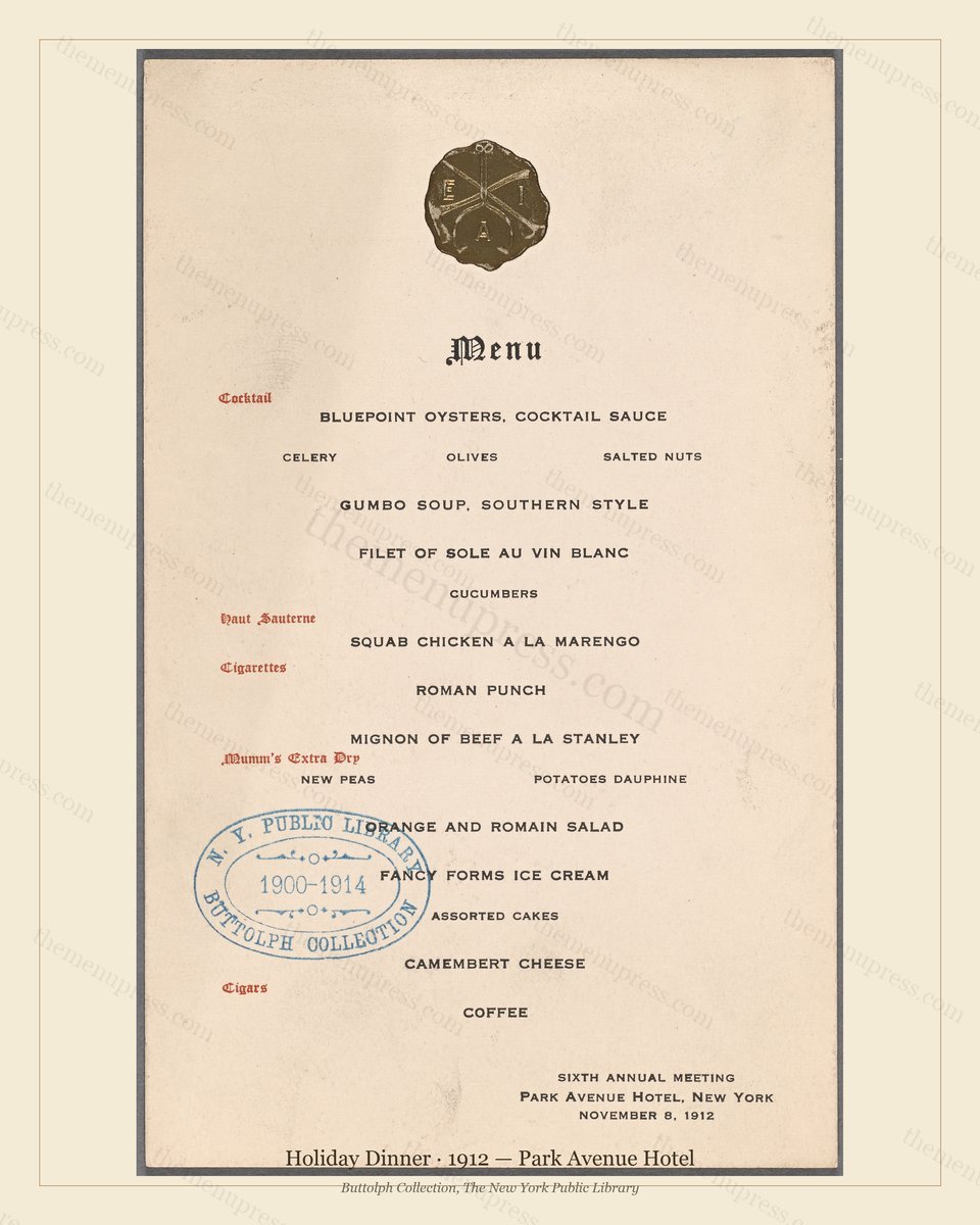 Vintage menu preview — 1912 Vintage Holiday Dinner Menu — Park Avenue Hotel, Festive Holiday Card