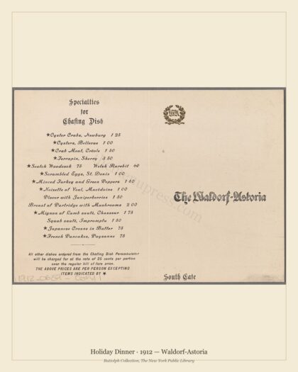 Holiday Dinner · 1912 — Waldorf-Astoria