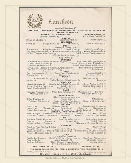 Vintage menu preview — 1912 Vintage Holiday Dinner Menu — Waldorf-Astoria, Festive Holiday Card (Comple