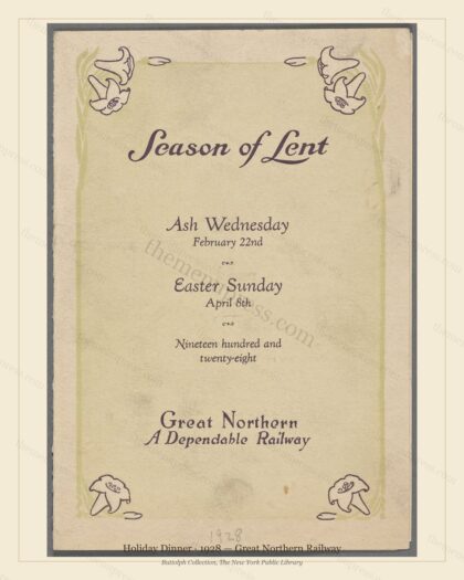 Vintage menu preview — 1928 Vintage Holiday Dinner Menu — Great Northern Railway, Festive Holiday Card